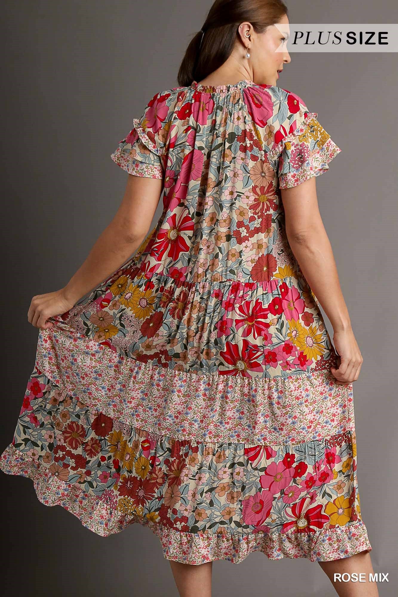 Umgee Plus Floral Print A-Line Ruffle Neckline Front Drawstring Midi Dress