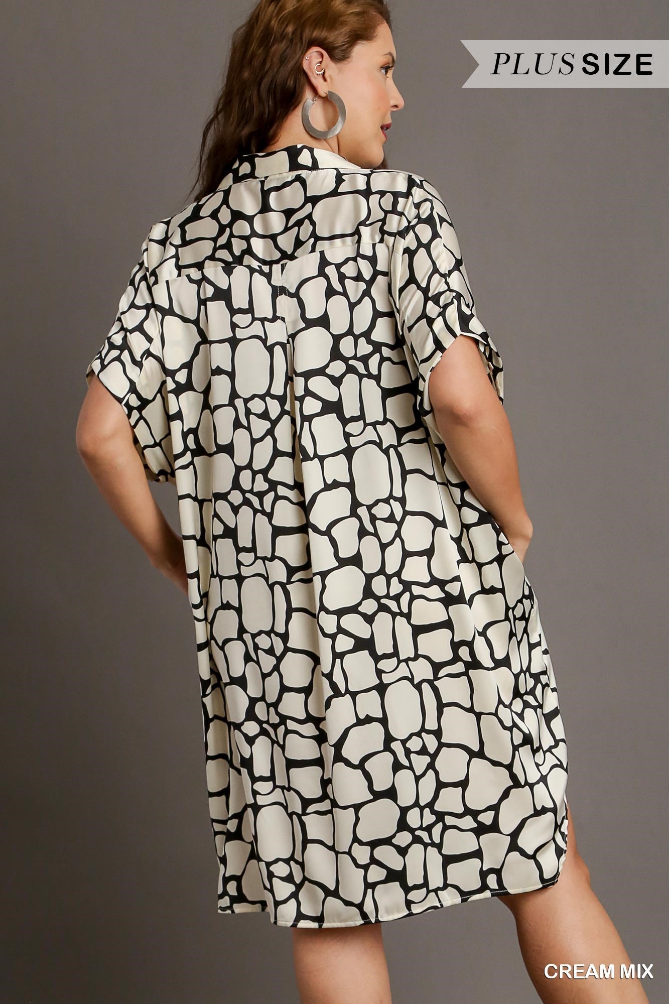 Umgee Plus Two Tone Animal Print Button Down High Low Hem Side Pockets Dress