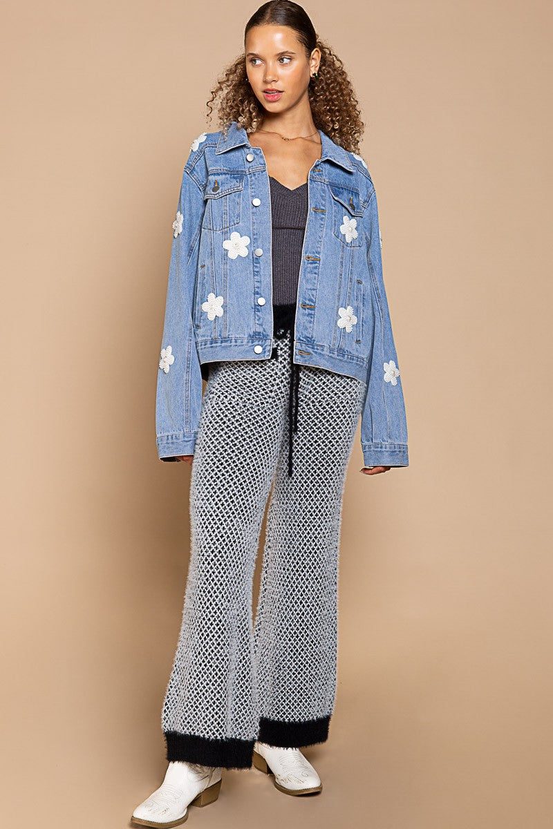 POL Pearl Flower Patch Denim oversized fit long sleeve Jacket