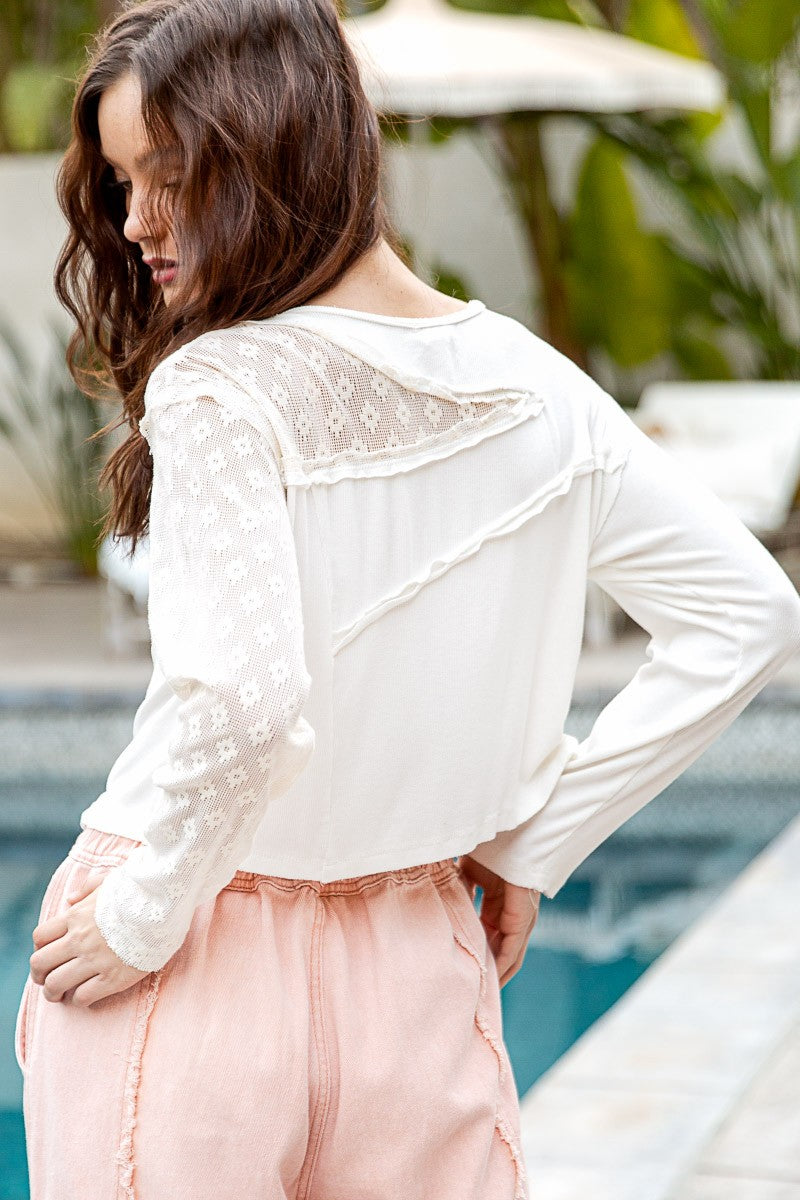 POL Lace Patchwork Round Neck Long Sleeves Ribbed Top