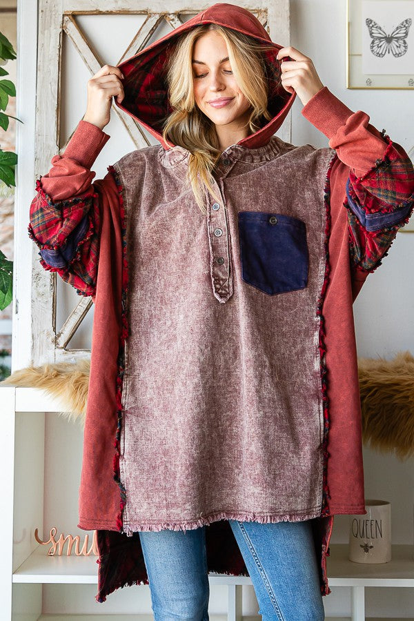 Oli & Hali Washed Fabric Mixed Oversized With Hoodie Top