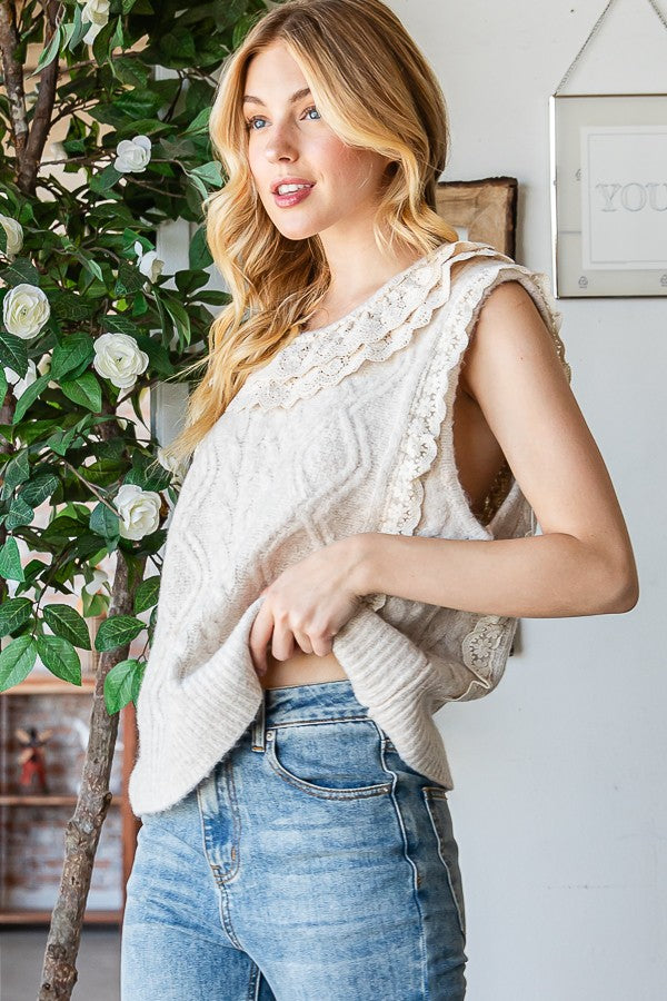 Oli & Hali Cable Knit Sweater Vest With Lace Trim Top