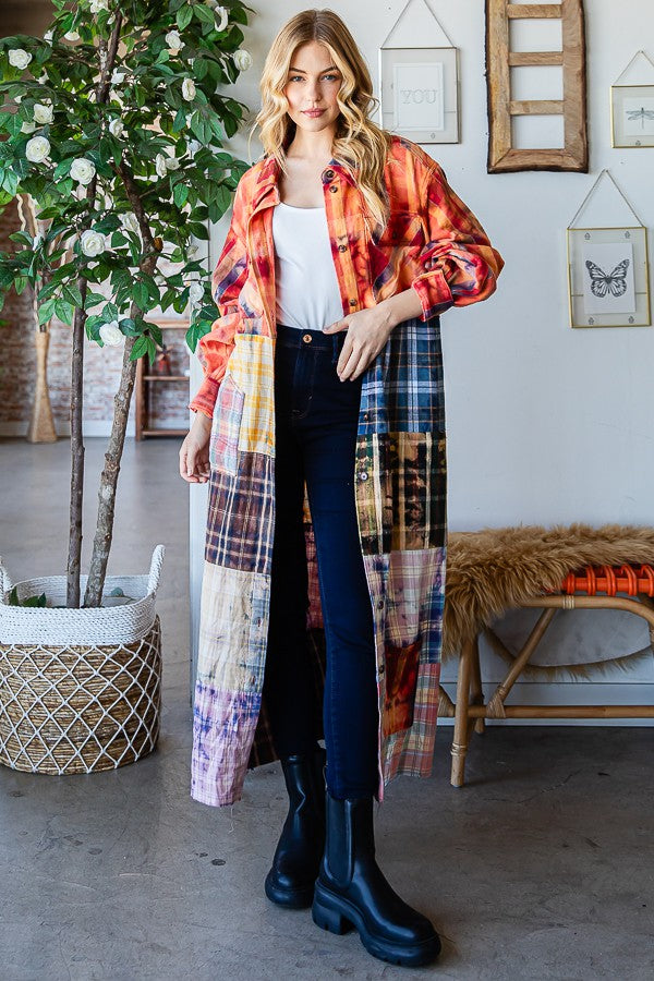 Oli & Hali Washed Plaid Mix Shirt Duster Jacket