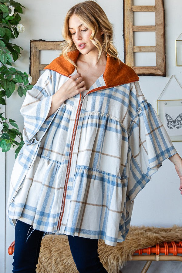 Oli & Hali Tierd Brushed Plaid Poncho Jacket