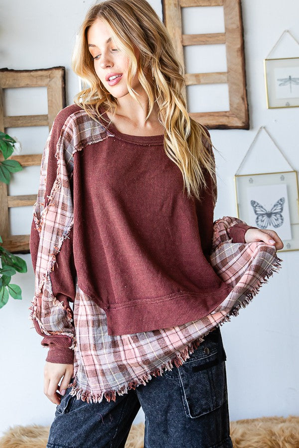 Oli & Hali Washed Long Sleeve Plaid Detail Top