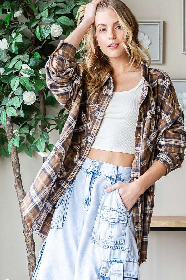 Oli & Hali Mineral Washed Plaid Shirts Top