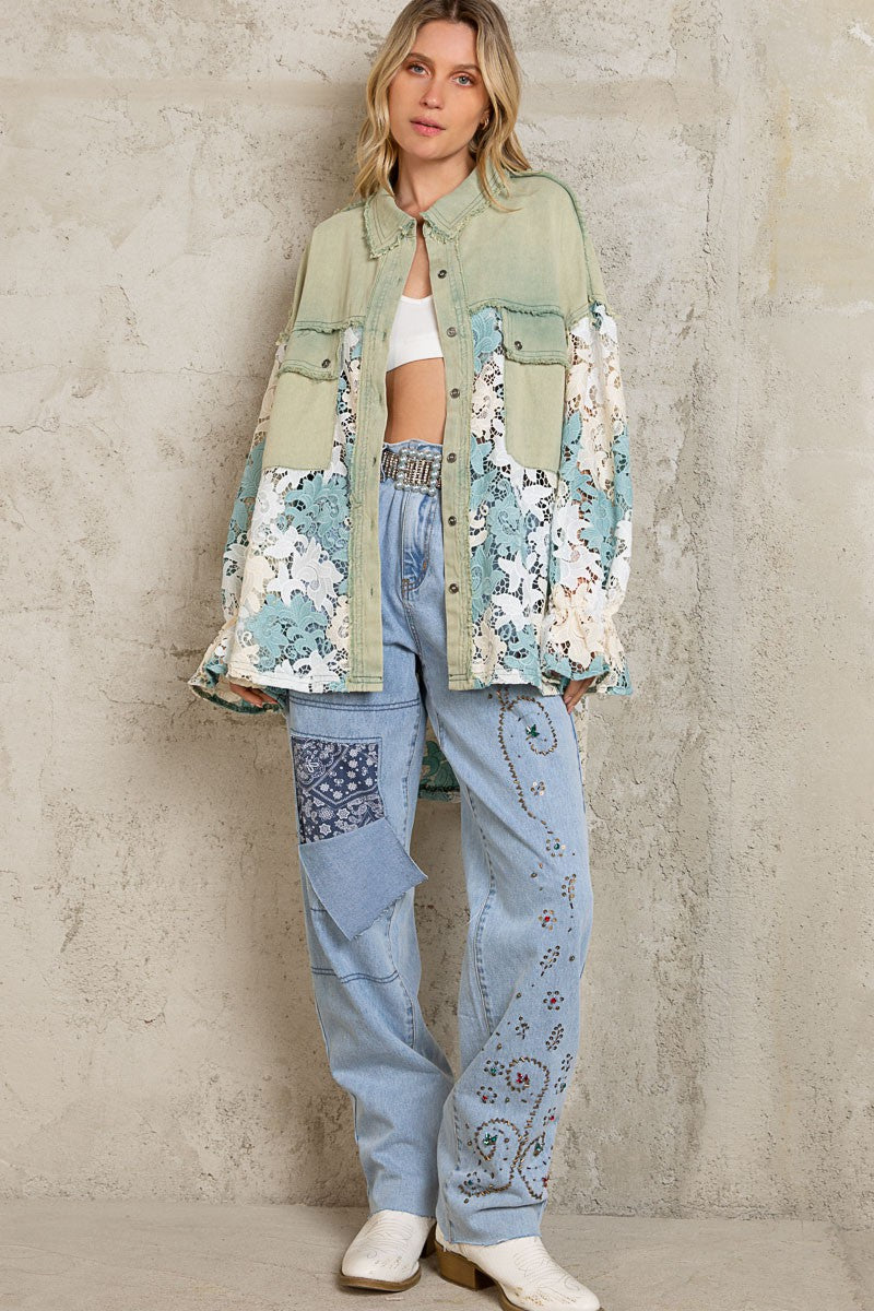 POL Contrast Lace Crochet Pattern Button Down Shacket Jacket
