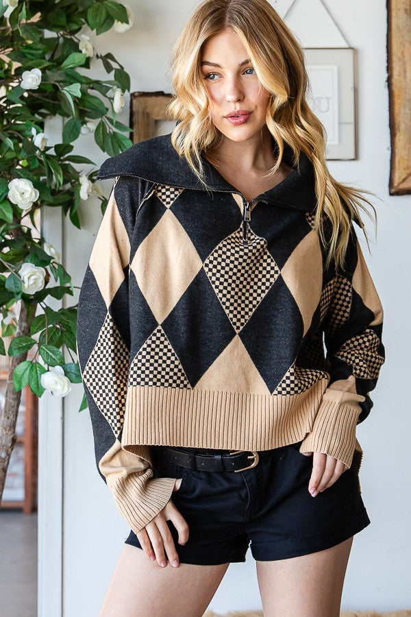 Oli & Hali Argyle Half Zip Up Pullover Sweater Top