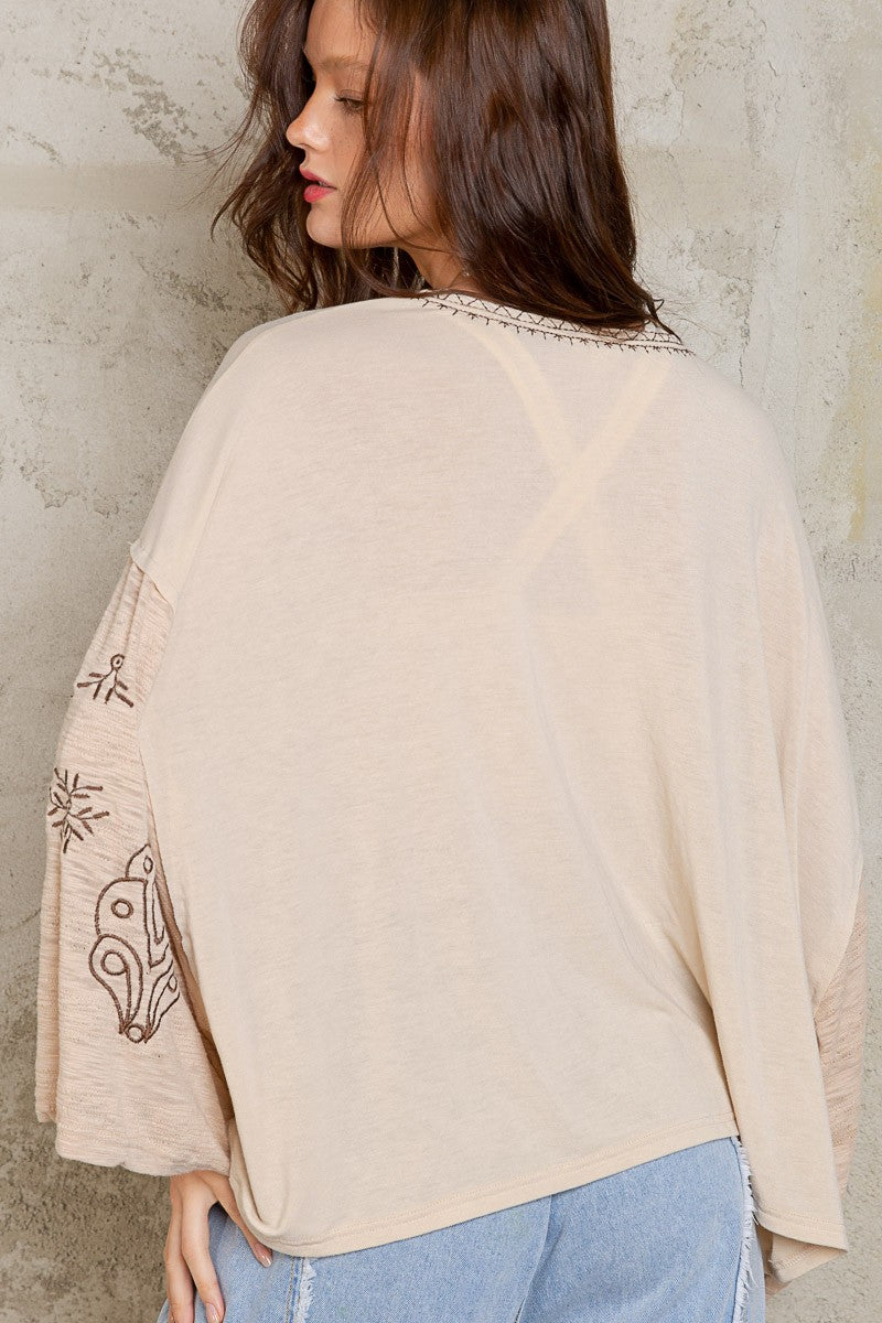 POL Dropped Shoulder Embroidered Bell Sleeve Wrap Top
