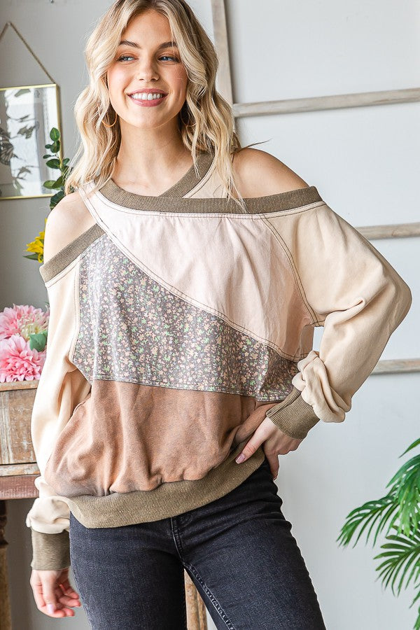 Oli & Hali Washed Fabric Mixed Cutout Shoulder Tunic Top