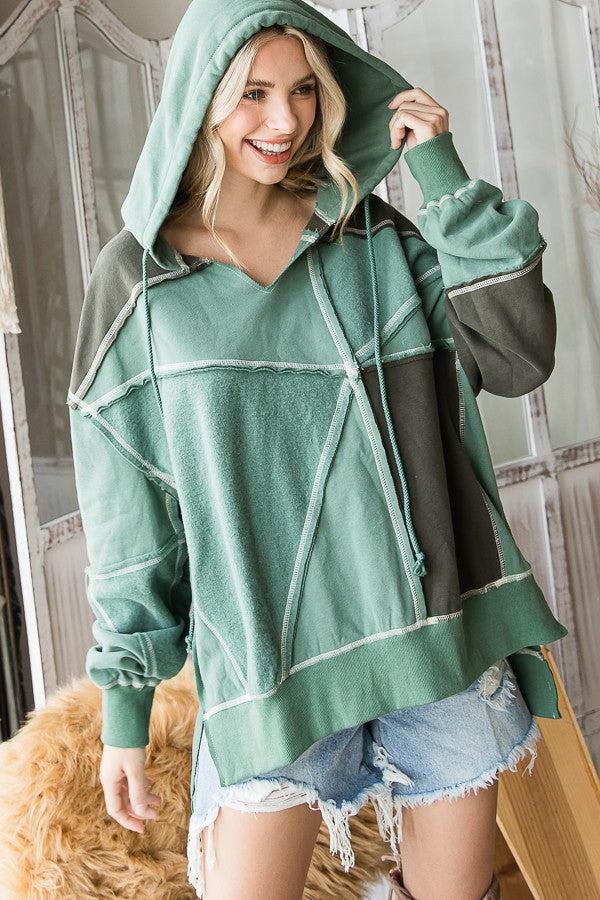 Oli & Hali Patchwork Soft Knit Contrast Hoodie Top