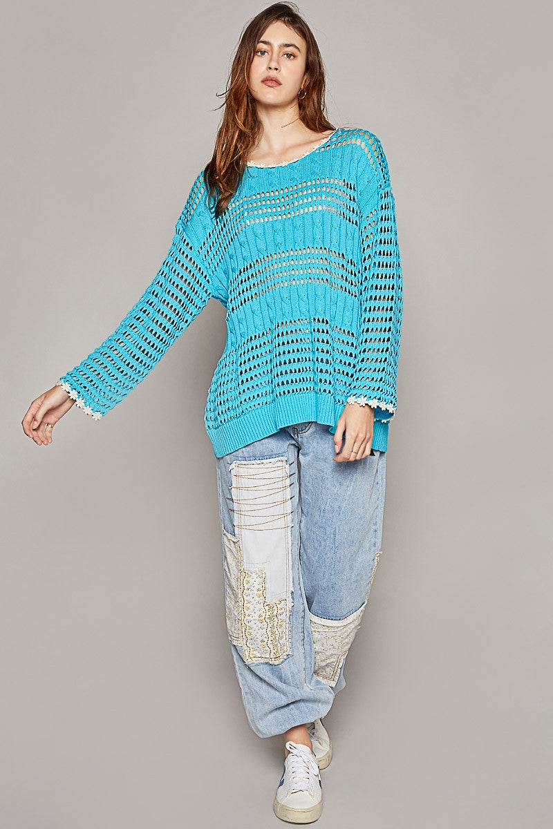 POL Round Neck Long Sleeve Rib Weave Solid Sweater Top