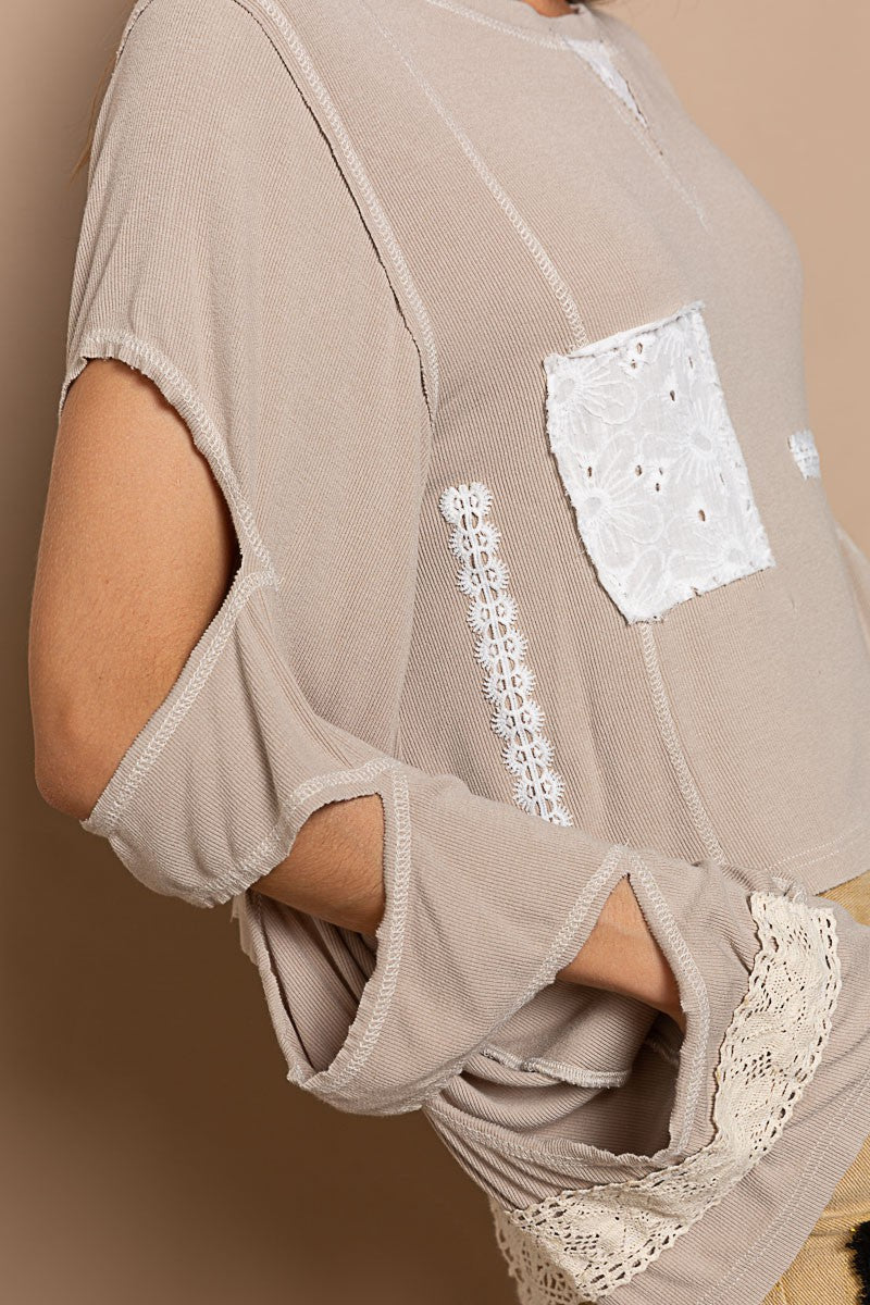 POL Vintage Wash Opening Trim Patch Rib Long Sleeve Top