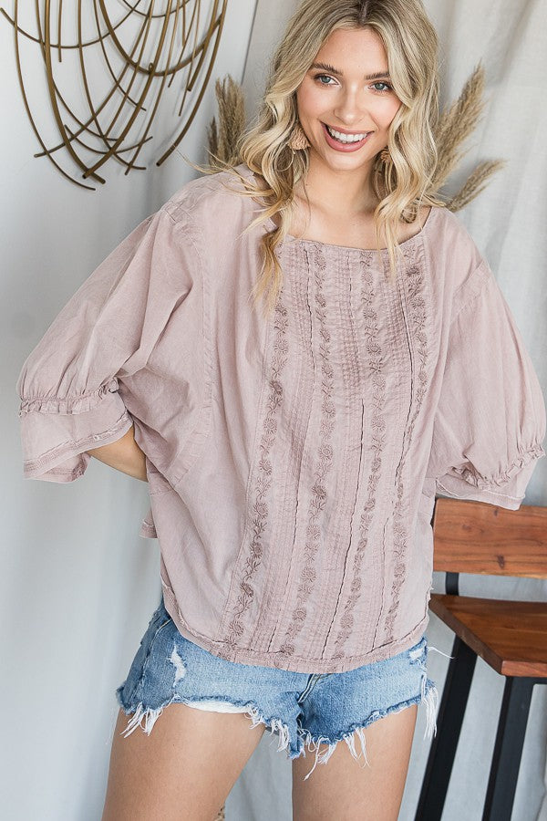 Oli & Hali Mineral Washed Embroidery Detail Front Solid Blouse Top