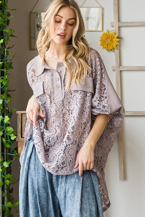 Oli & Hali Washed Lace Waffle Mixed Shirts Top