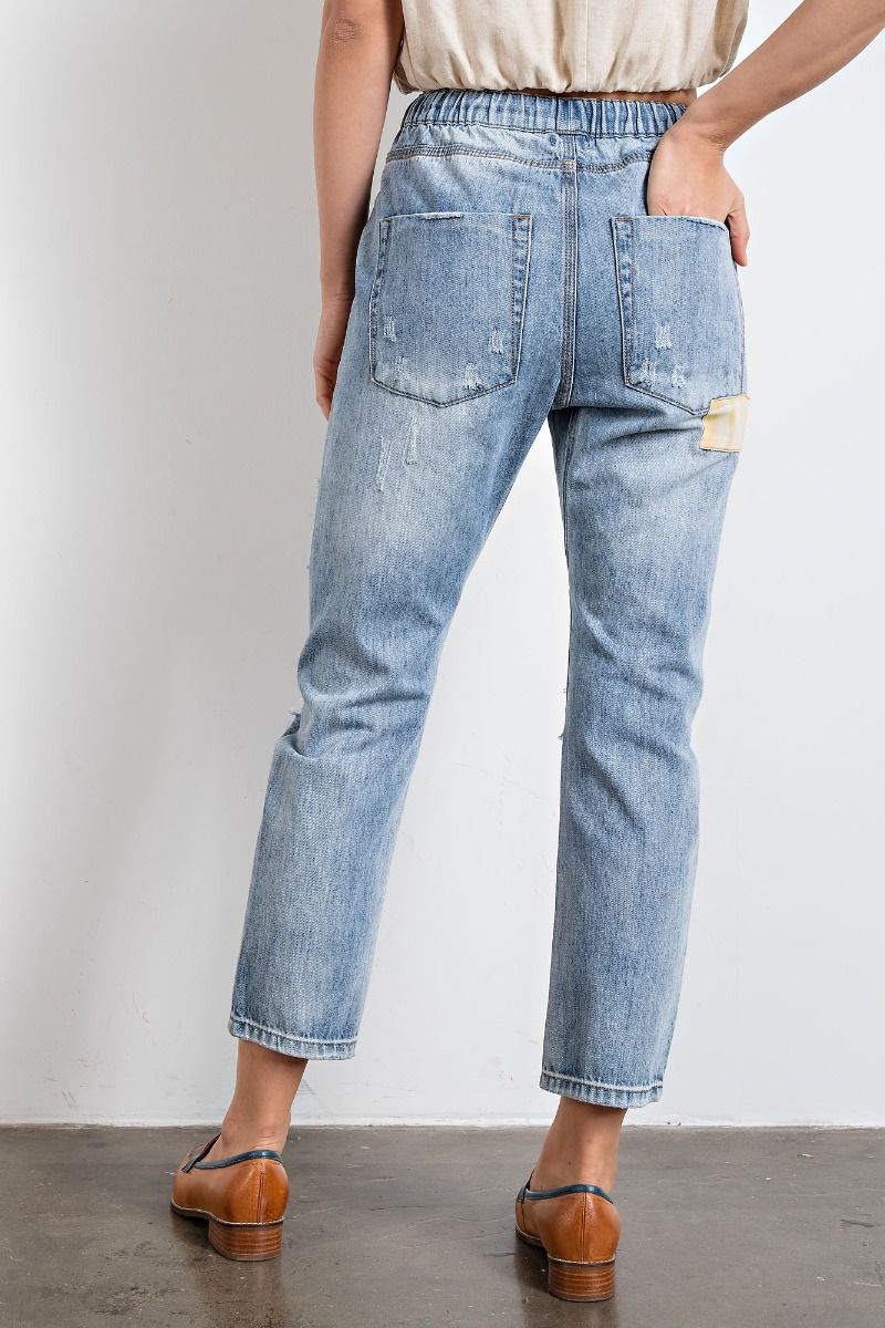Easel Patchworks Detailing Washed Denim Banded Waist Washed Denim Pants - Roulhac Fashion Boutique