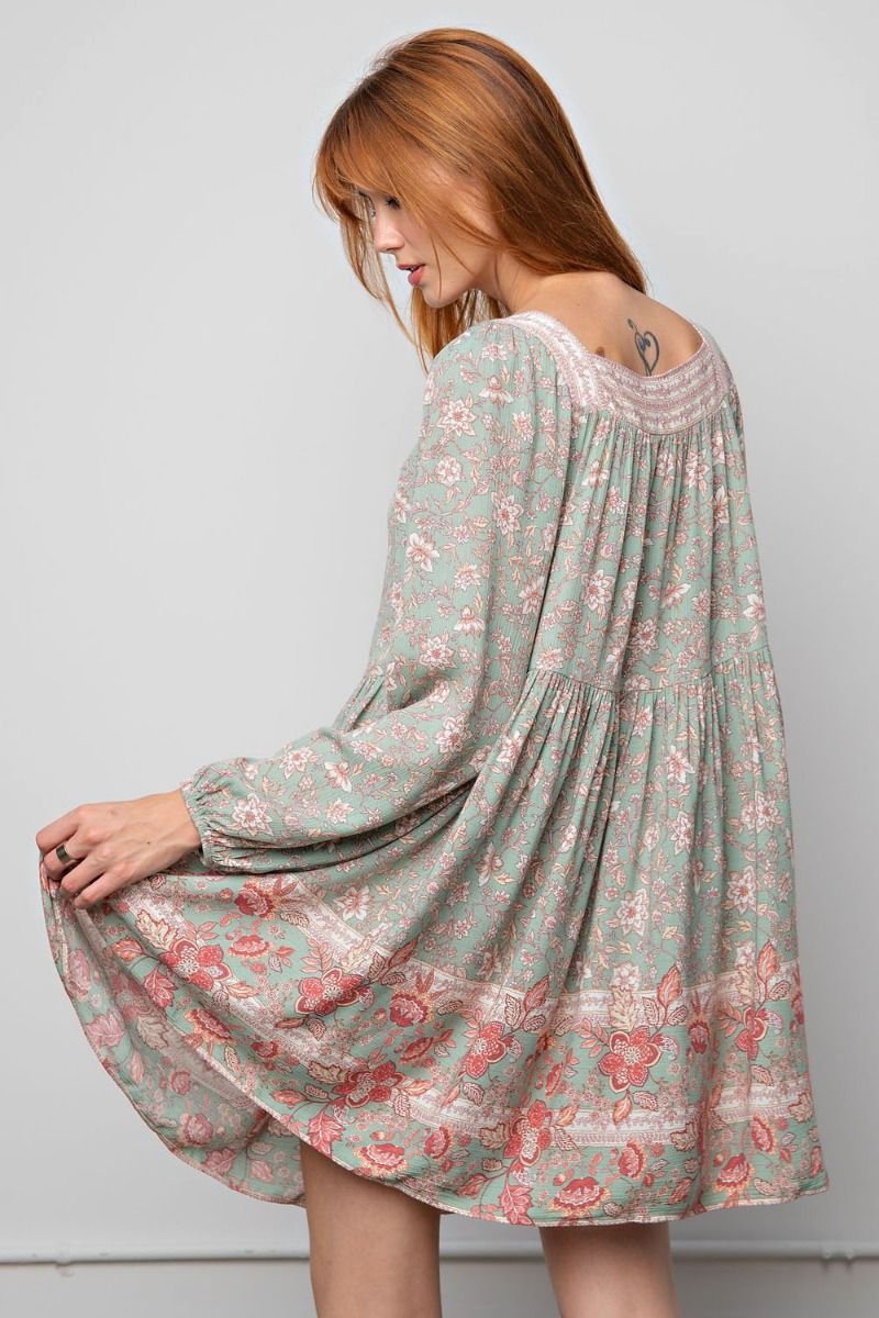 Easel All Over Floral Print Border Square Neckline Flowy Midi Dress - Roulhac Fashion Boutique