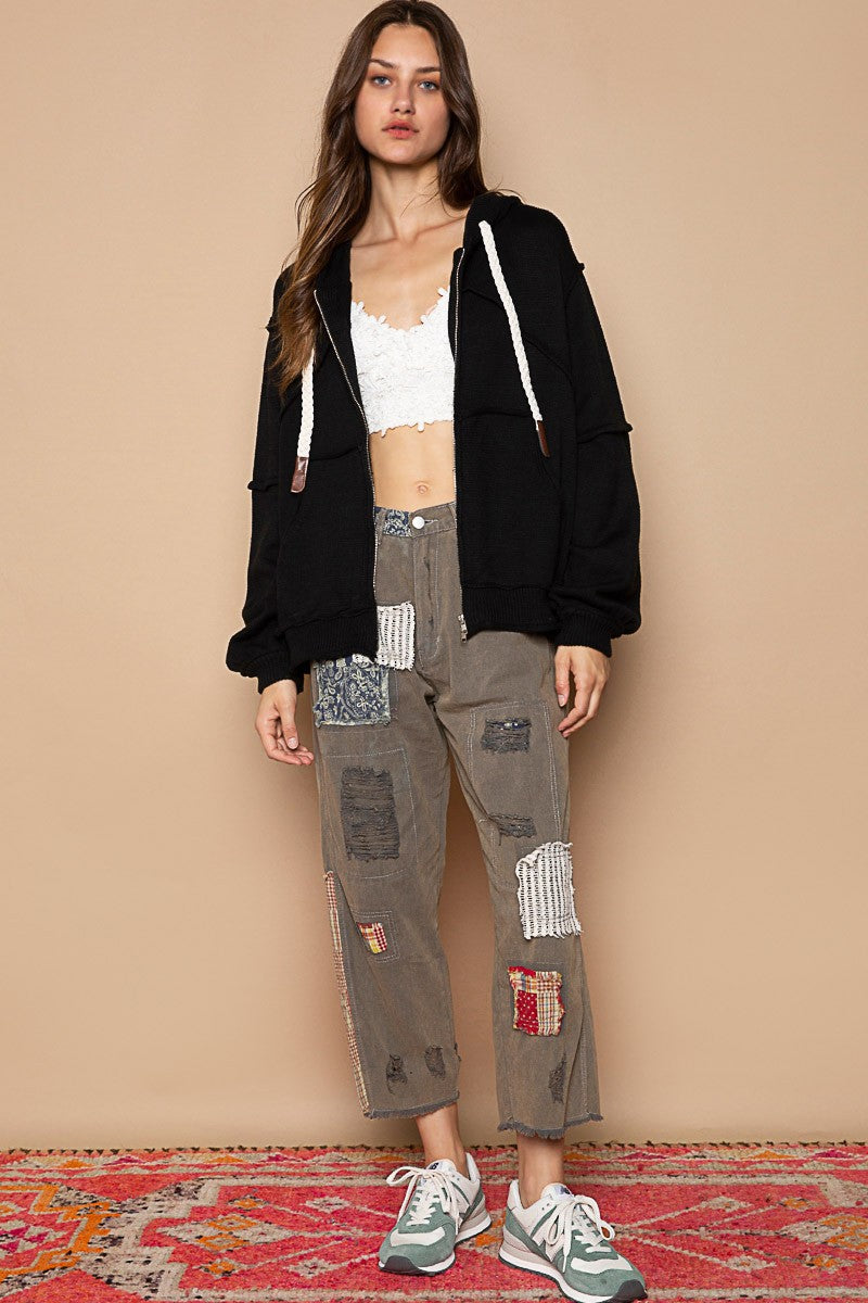 POL Hooded Zipper Balloon Sleeves Hacci Oversized Fit Jacket Sweater