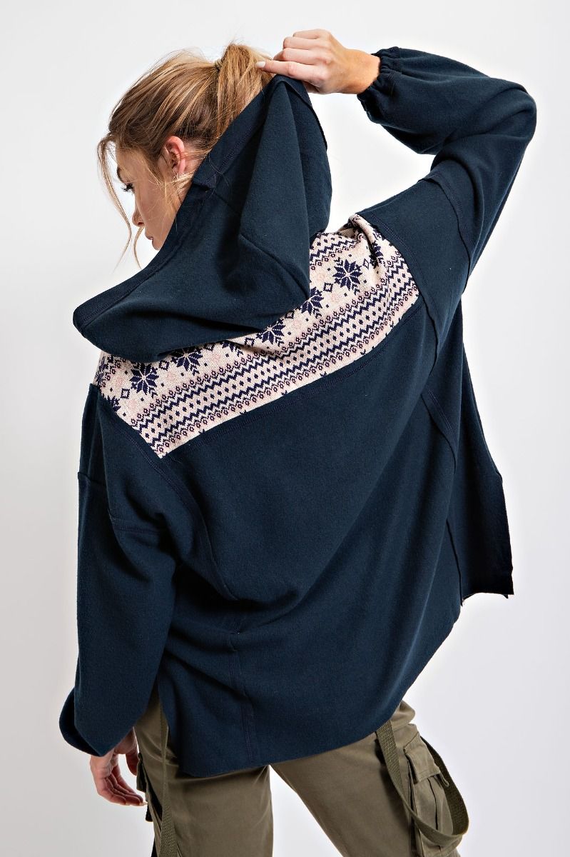 Easel Brushed Snowflake Patterned V Neck Loose Fit Pullover Hoodie - Roulhac Fashion Boutique