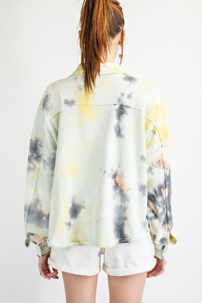 Easel Tie Dye Button Down Rounded Hem Front Raw Edge Shirt Jacket