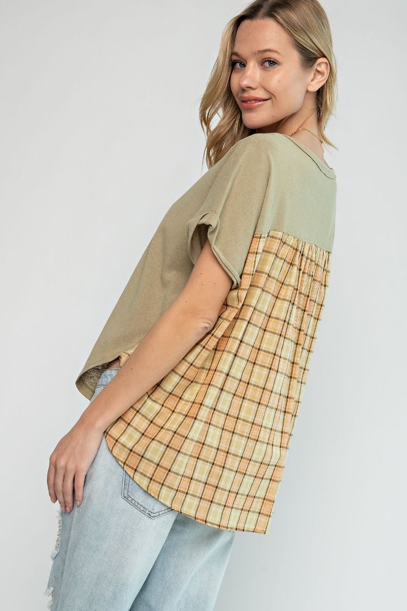 Easel Classic Rounded Neck Curved Hem Short Sleeve Boxy Loose Fit Top - Roulhac Fashion Boutique