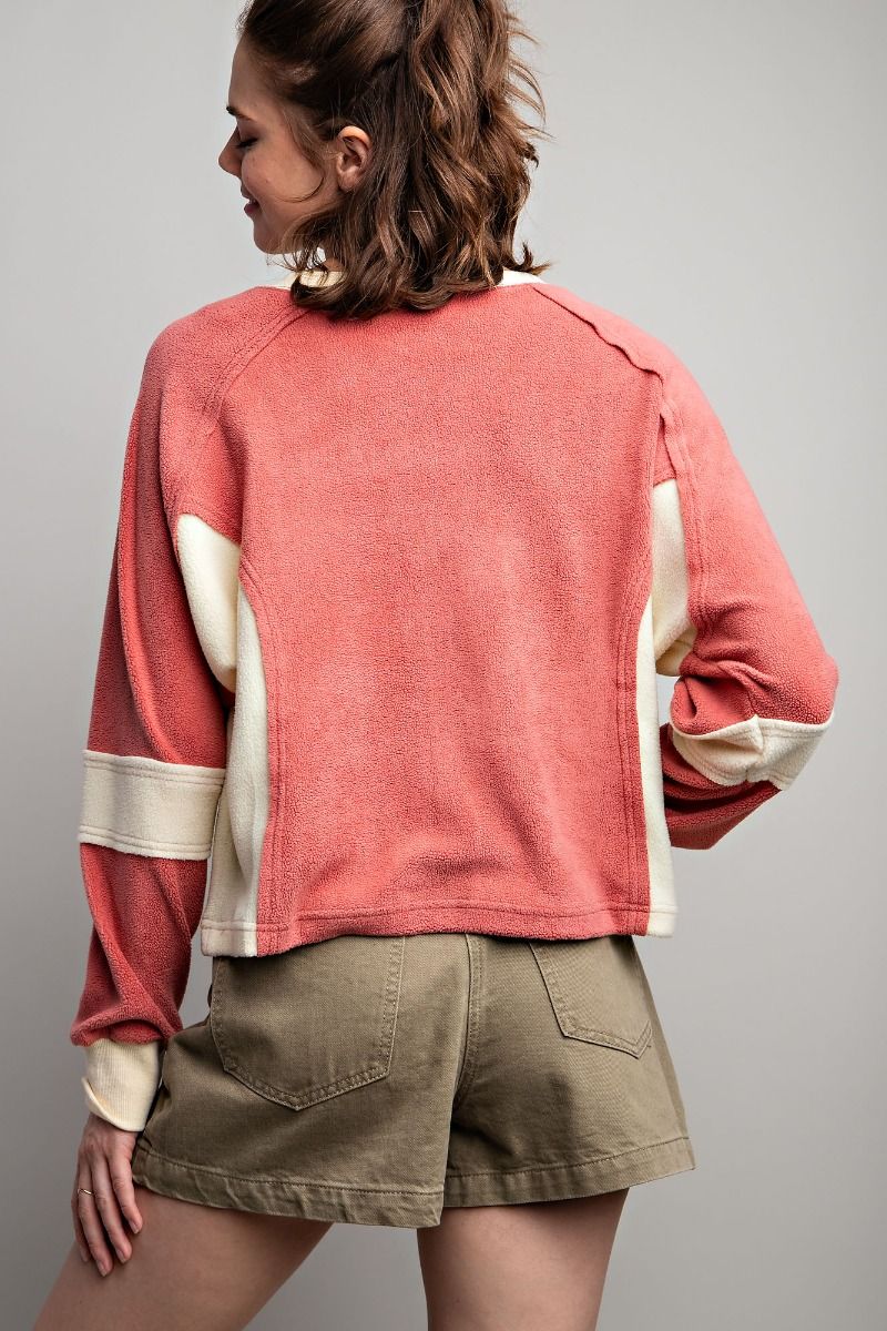 Easel Fleece Color Blocked Design Cropped Rounded Neck Pullover - Roulhac Fashion Boutique