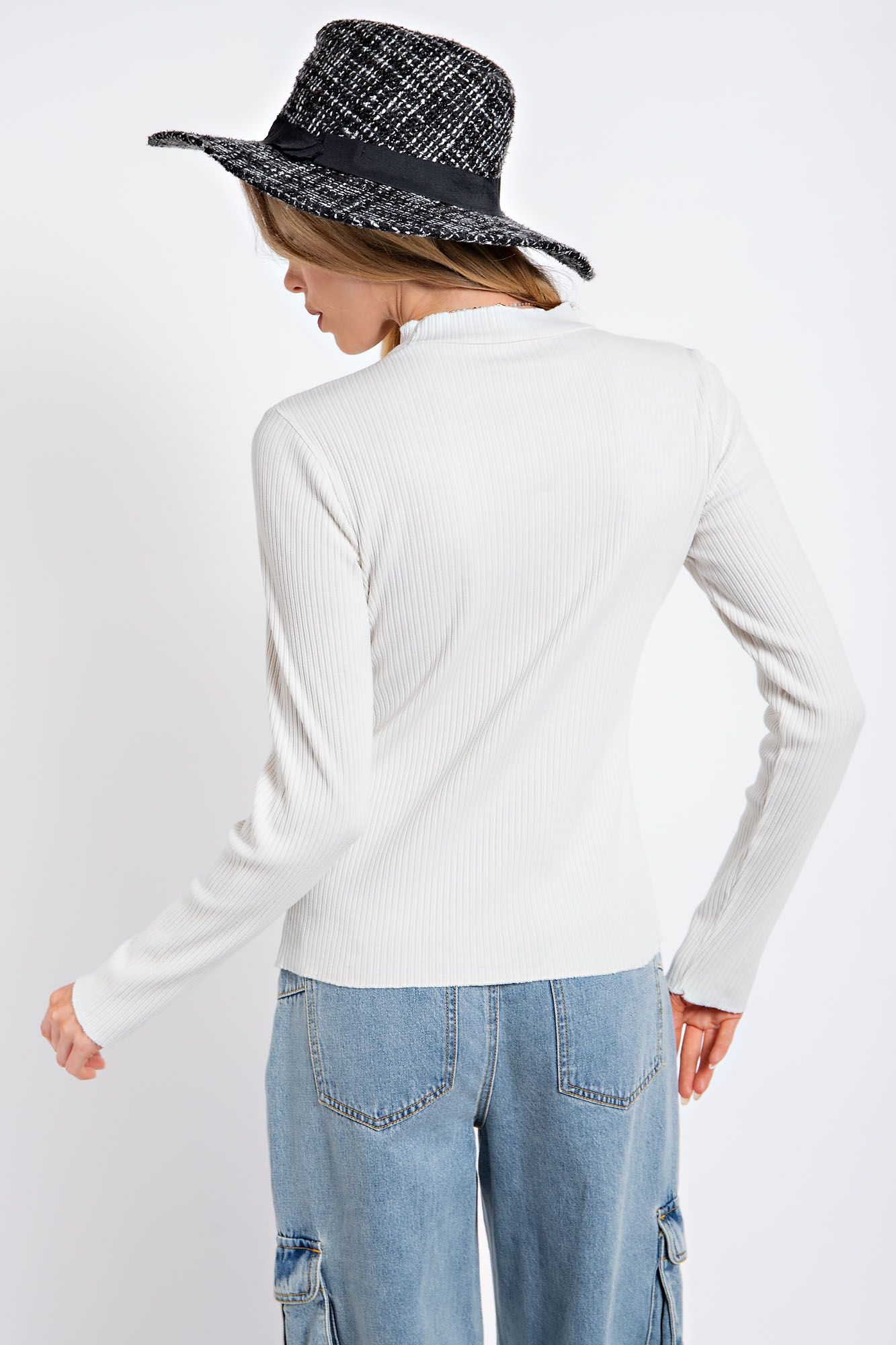 Easel Mineral Washed Rib Knit Mock Neck Lettuce Trim Edge Fitted Slim Top