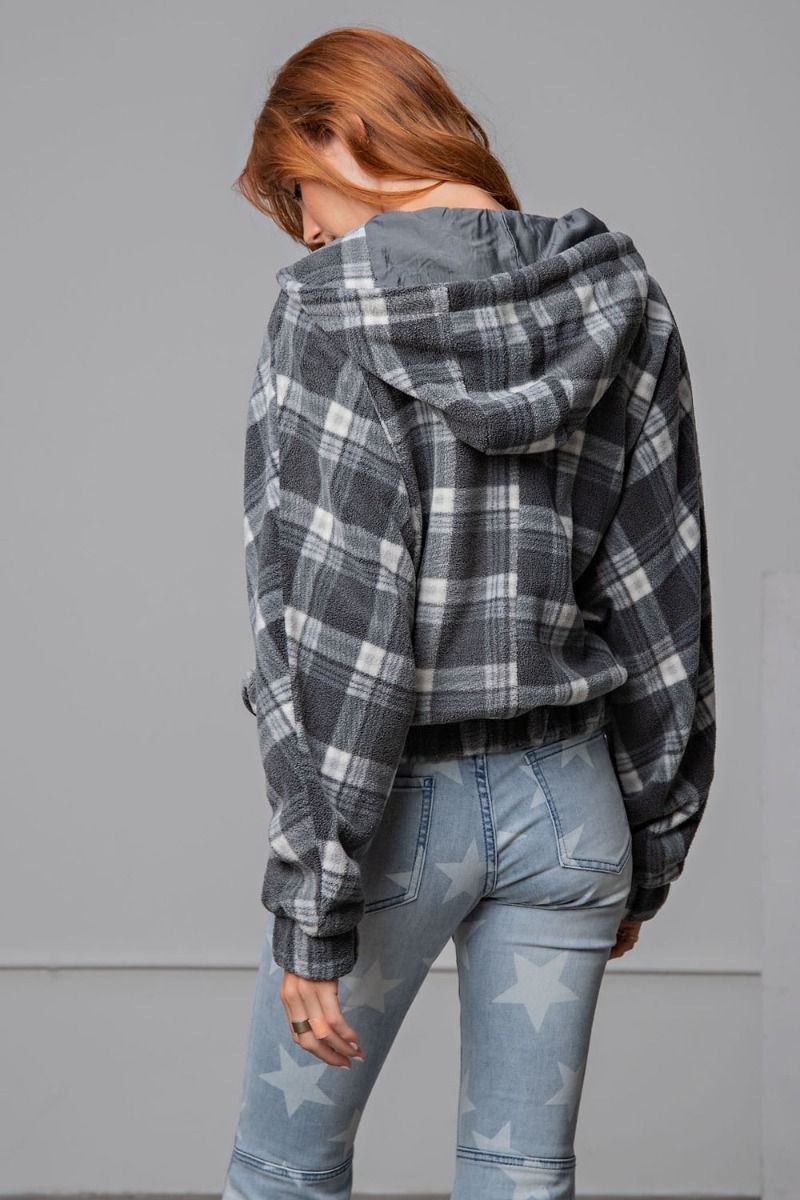 Easel Plaid Fleece Flap Pocket Zip Up Front Loose Fit Relaxed Hoodie Jacket