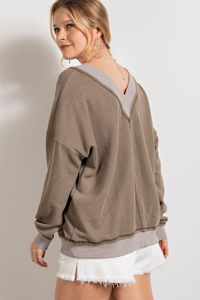 Easel Dropped Shoulders Double V Neck Banded Loose Fit Thermal Top - Roulhac Fashion Boutique