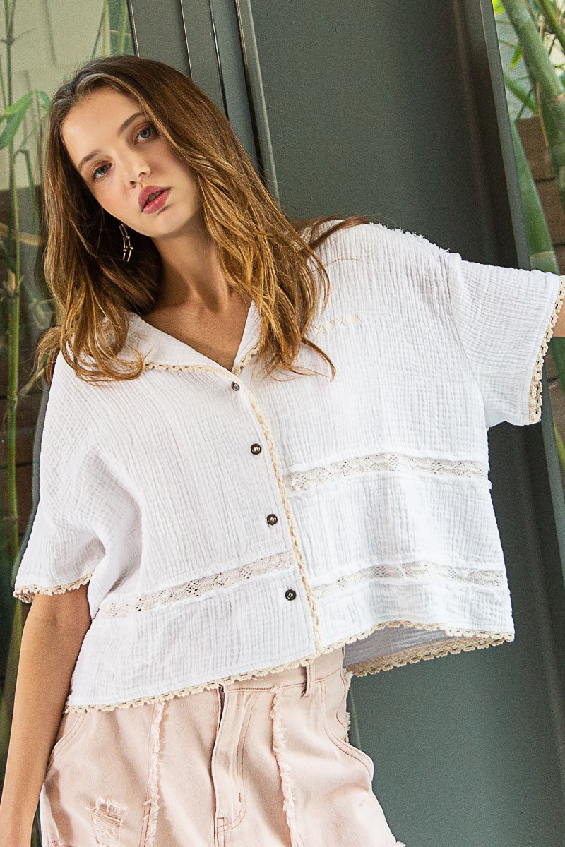 POL Oversize Gauze Dropped Shoulder 1/2 Sleeve Shirt Top