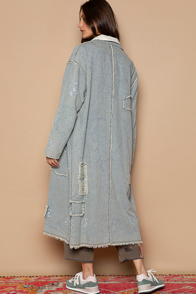 POL Long Sleeve Embroidery Stripe Denim Oversized Fit Long Jacket - Roulhac Fashion Boutique