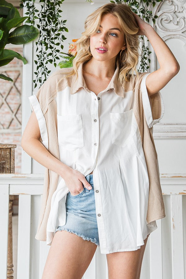 Oli & Hali Pleated Sleeveless Button Front Shirt Top