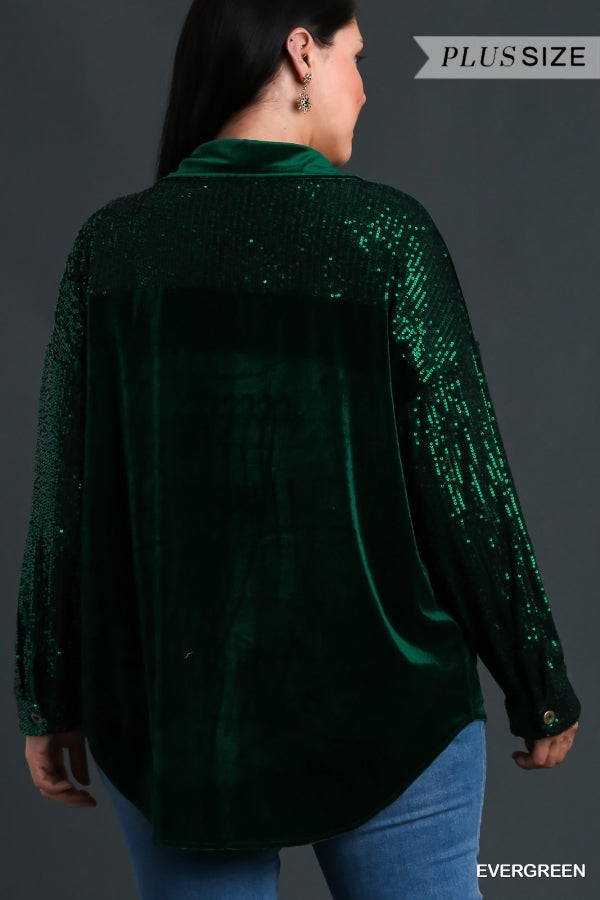 Umgee Plus Velvet Collar Button Down Sequin Sleeves Chest Pocket Jacket - Roulhac Fashion Boutique