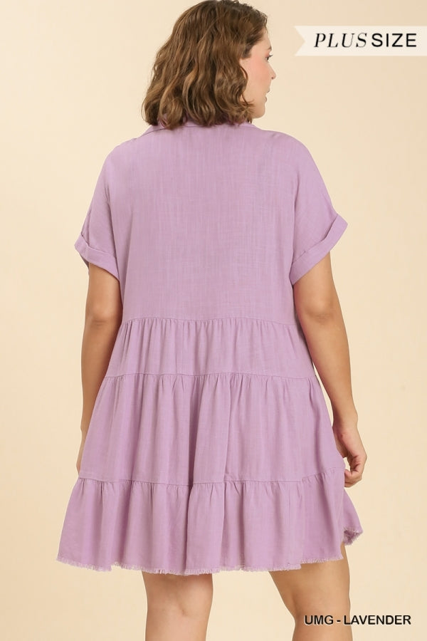 Umgee Plus Short Folded Sleeve V-Neck Collar Ruffle Tiered Frayed Dress