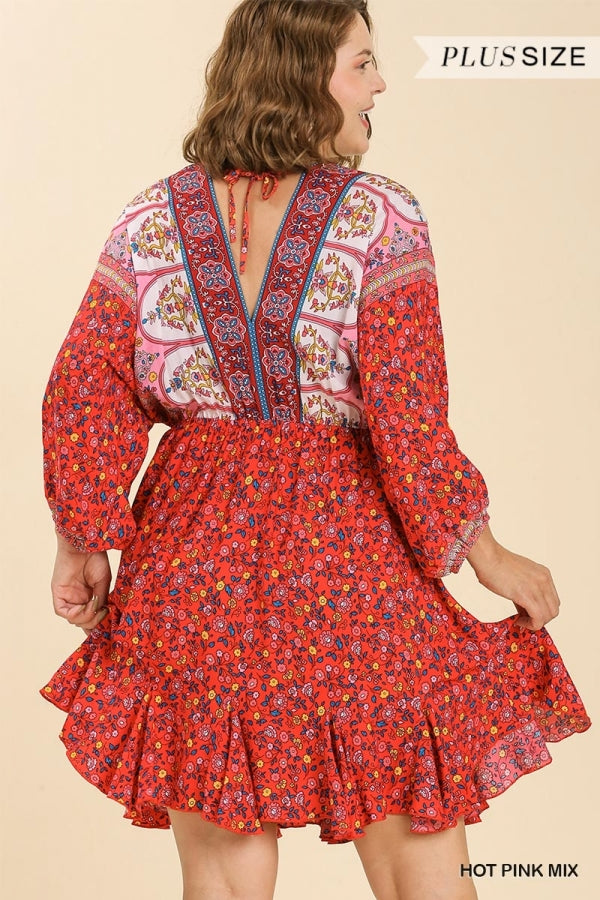 Umgee Plus Mix Mixed Print Long Sleeve Dress - Roulhac Fashion Boutique
