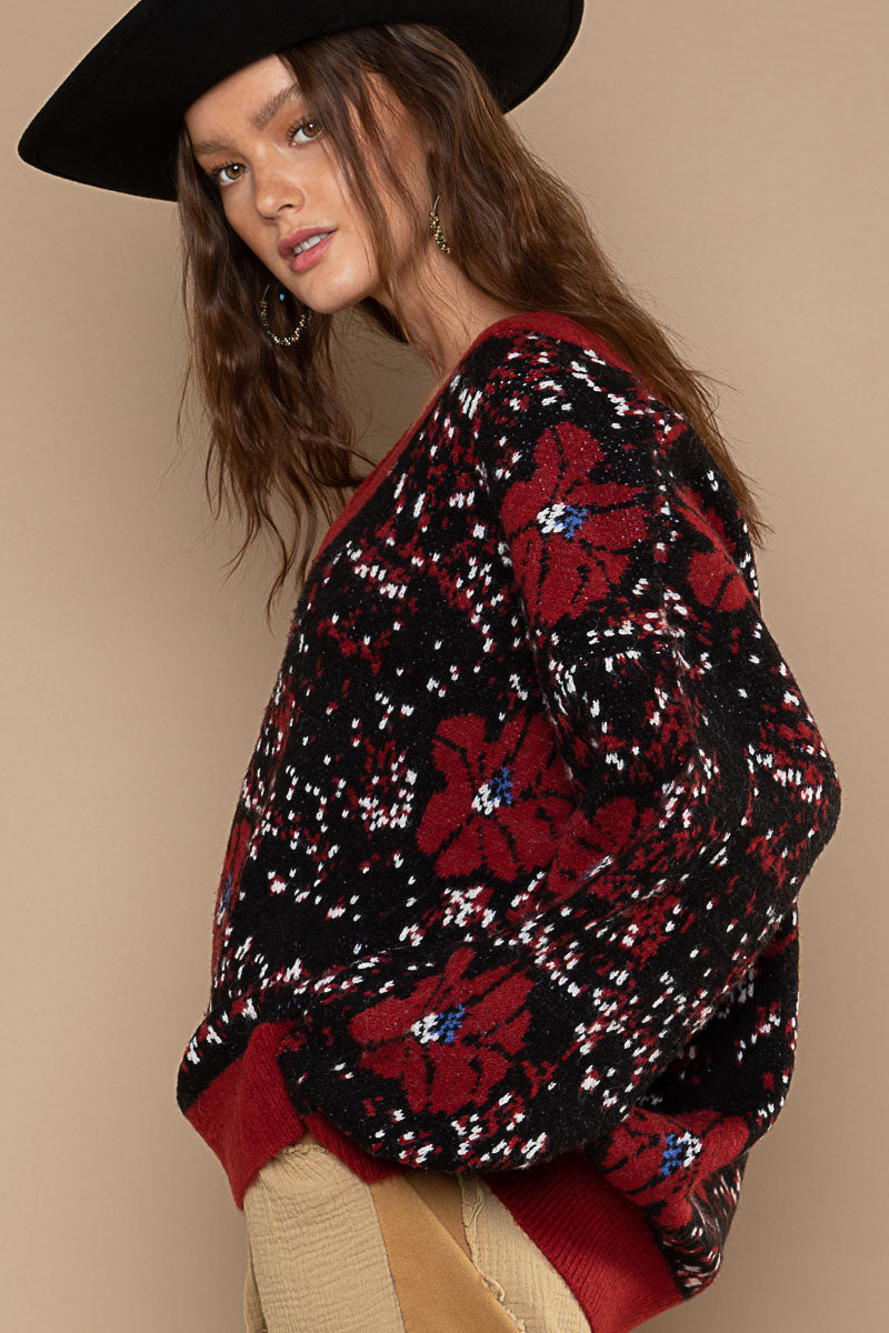 POL Red Black Mix Oversized Floral Print Pullover Sweater - Roulhac Fashion Boutique