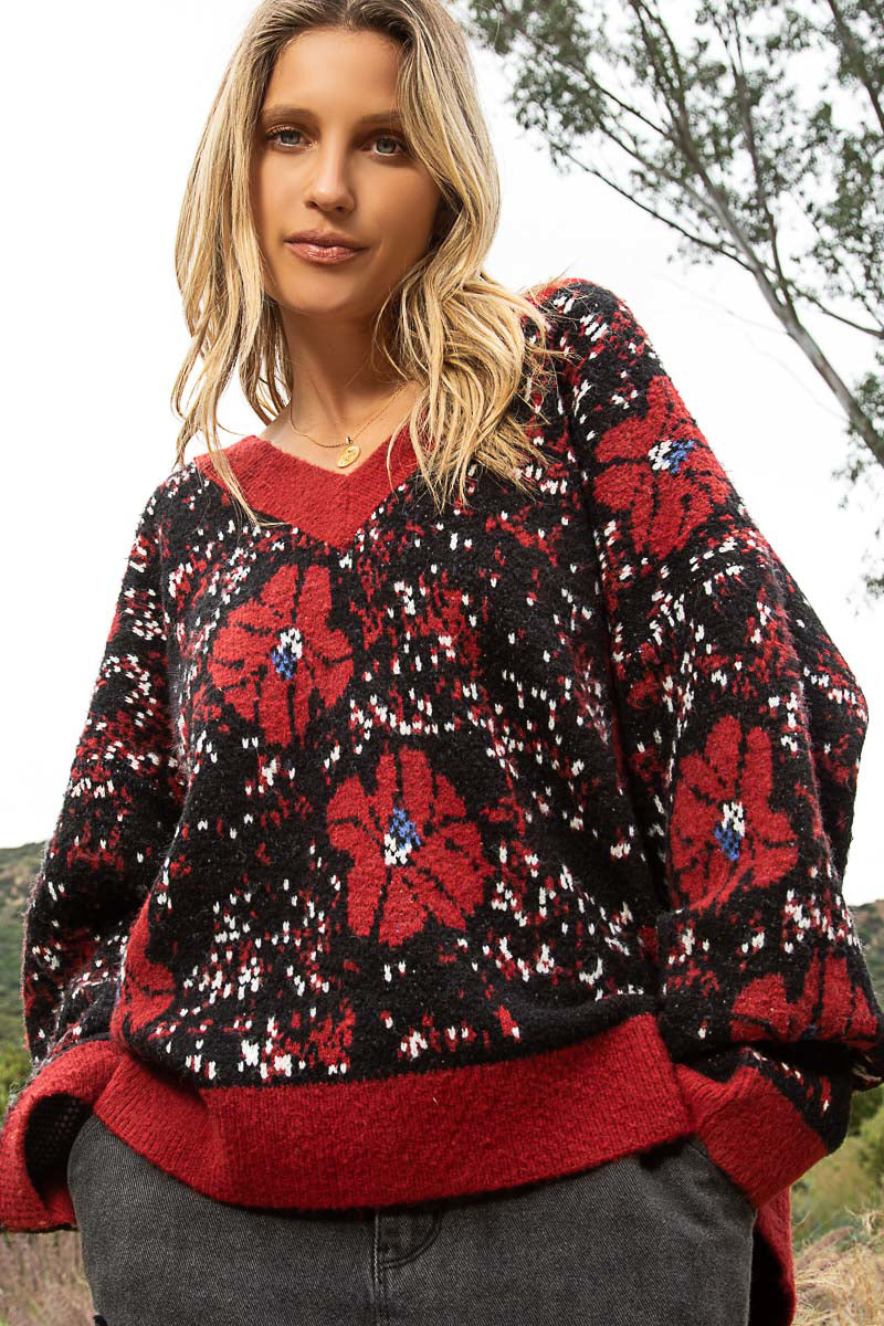 POL Red Black Mix Oversized Floral Print Pullover Sweater - Roulhac Fashion Boutique