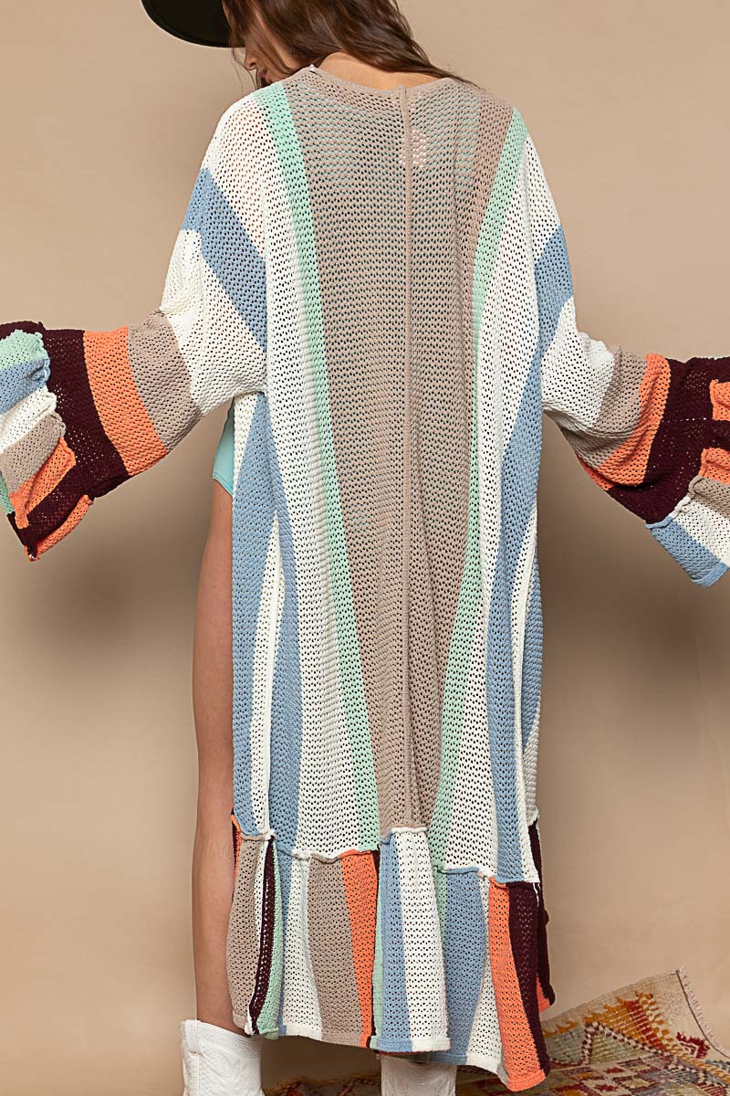 POL Color Block Ruffle Open Front Long Cardigan - Roulhac Fashion Boutique