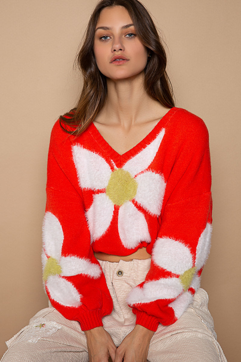 POL Faux Mohair Large Floral Balloon Sleeve Pullover Sweater - Roulhac Fashion Boutique