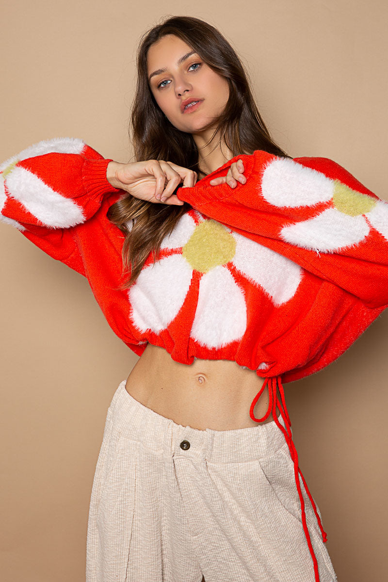 POL Faux Mohair Large Floral Balloon Sleeve Pullover Sweater - Roulhac Fashion Boutique