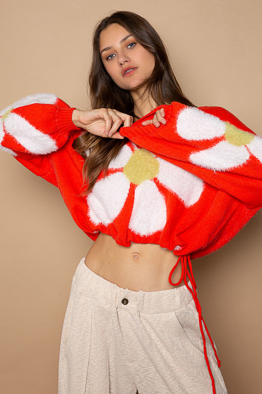 POL Faux Mohair Large Floral Balloon Sleeve Pullover Sweater - Roulhac Fashion Boutique