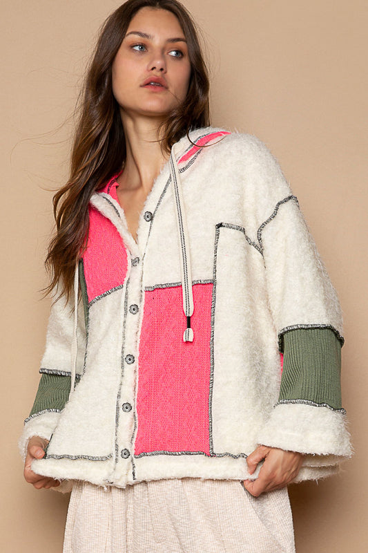 POL Hooded Snap Button Color Block Fleece Oversized Fit Cardigan - Roulhac Fashion Boutique