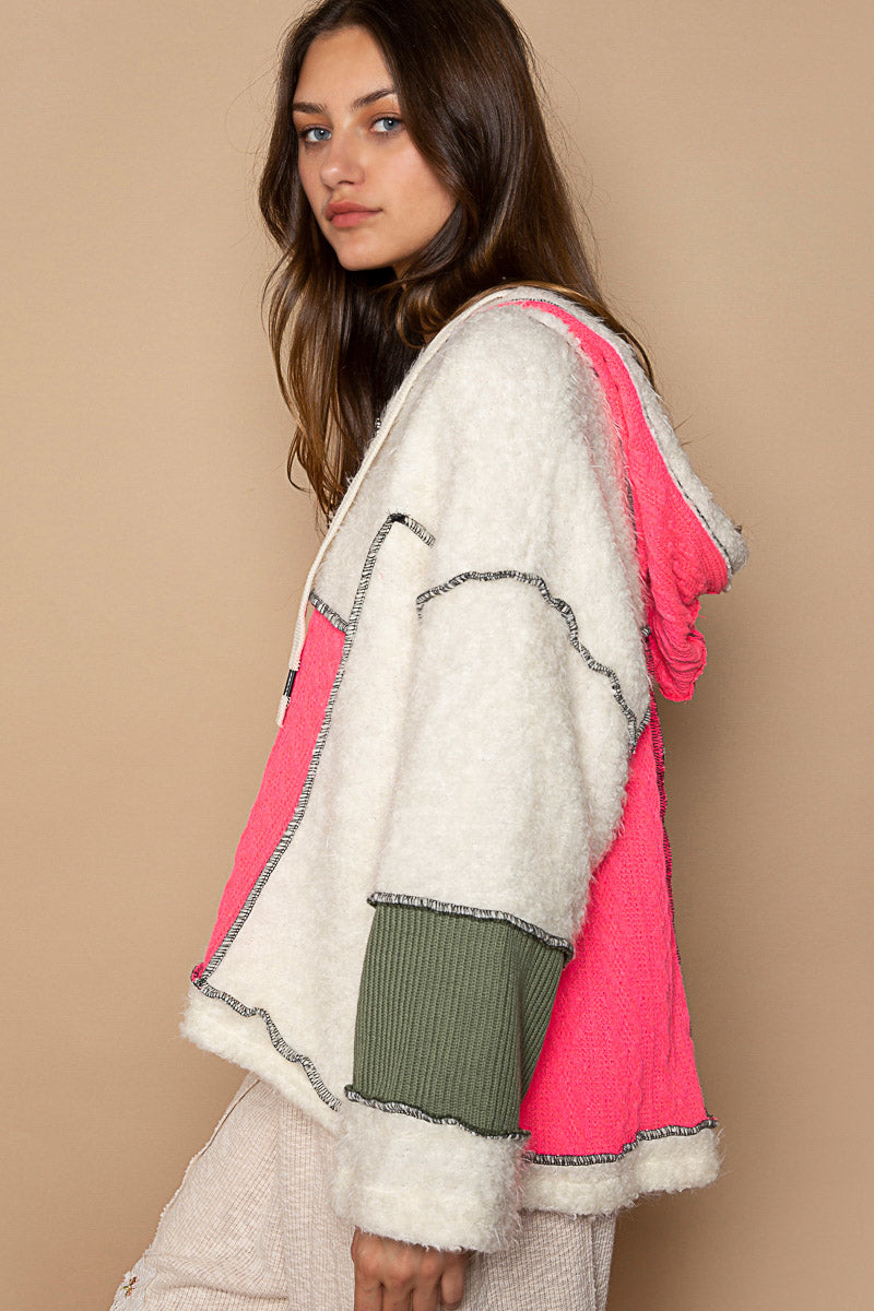 POL Hooded Snap Button Color Block Fleece Oversized Fit Cardigan - Roulhac Fashion Boutique
