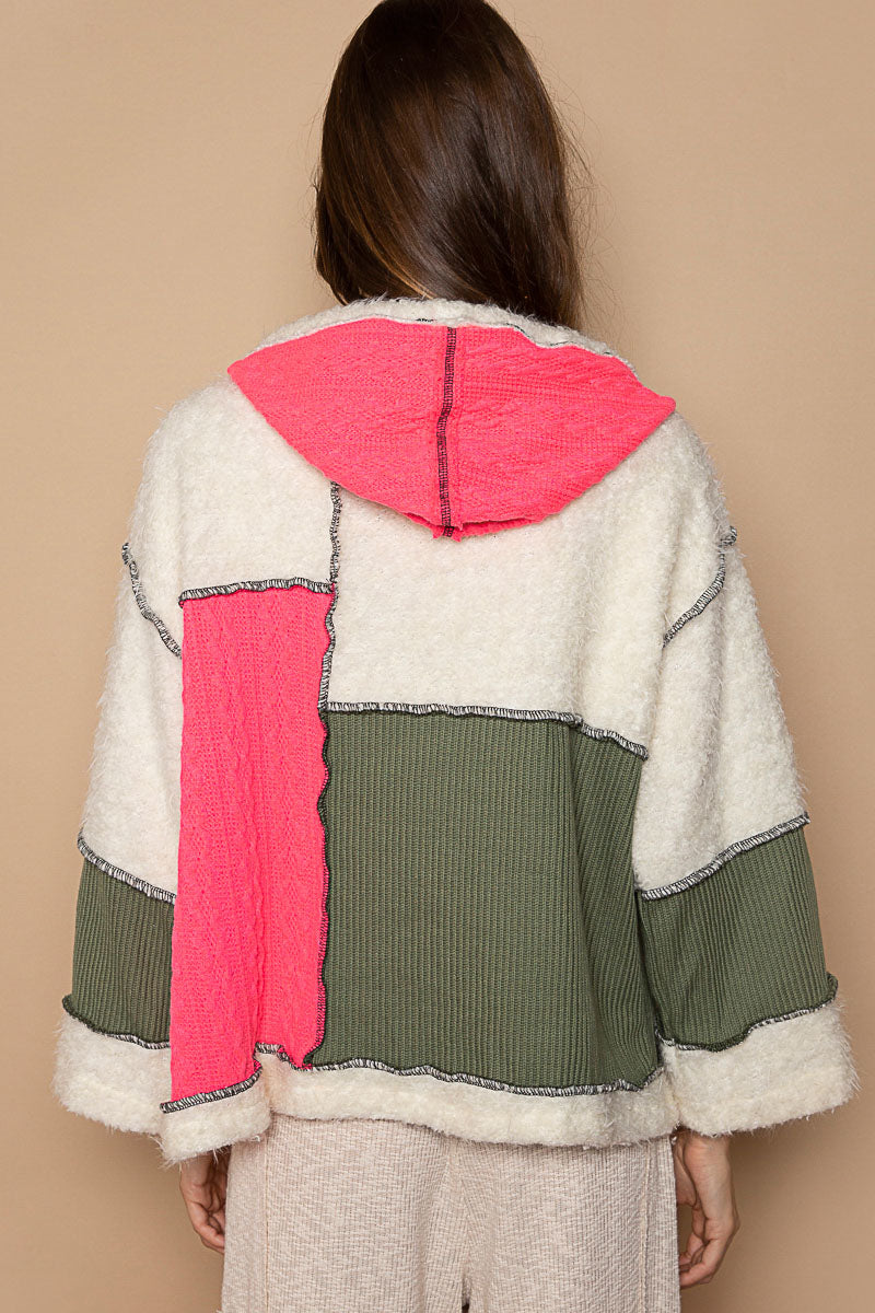 POL Hooded Snap Button Color Block Fleece Oversized Fit Cardigan - Roulhac Fashion Boutique