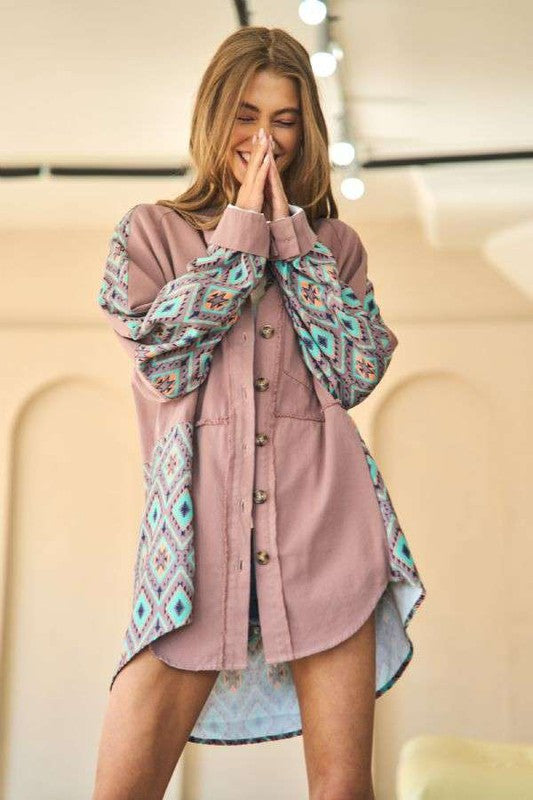Davi & Dani Geo Contrast Fringe Hem Button Down Shirt Jacket - Roulhac Fashion Boutique