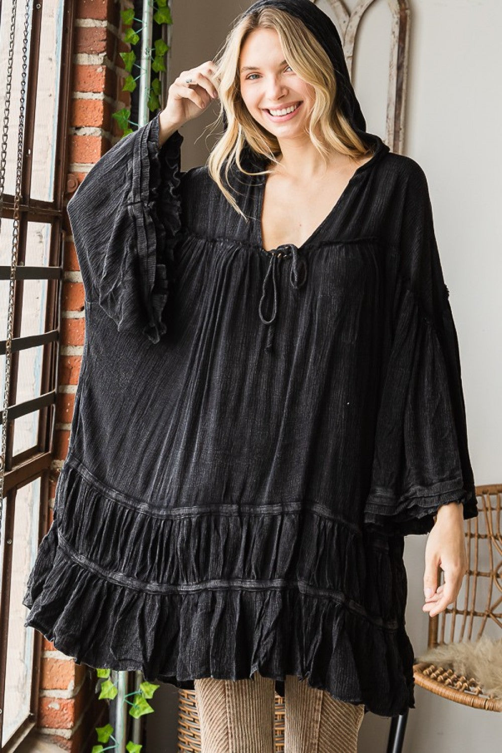 Oli & Hali Mineral Washed Ruffle Hem Hoodie Dress