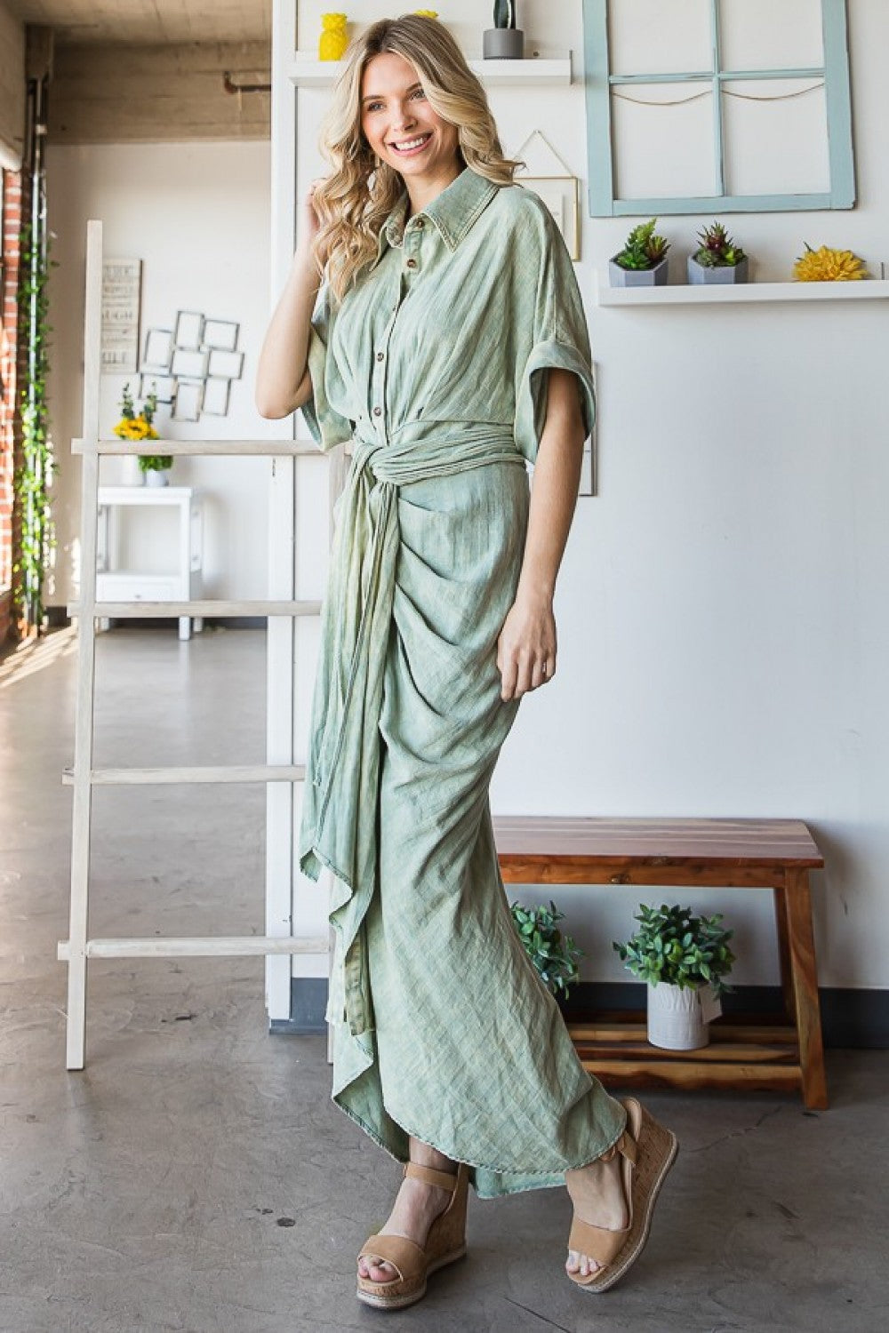 Oli & Hali Washed Short Sleeve Buttondown Longline Shirt Dress