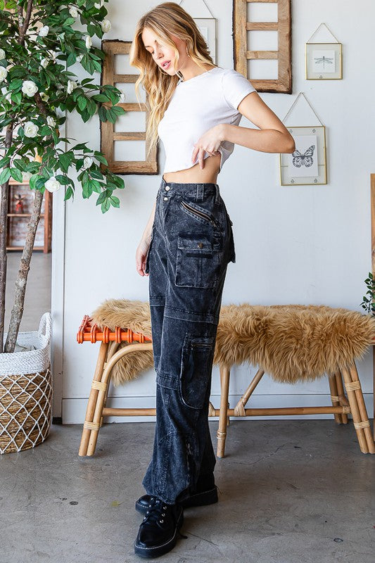 Oli & Hali Black Mineral Washed 11 Pocket Cotton Cargo Pants - Roulhac Fashion Boutique