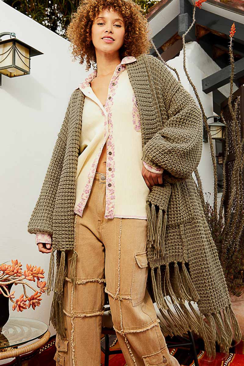 POL Open Front Shawl Balloon Sleeve Fringe Cardigan Top