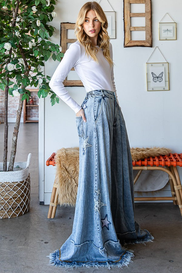Oli & Hali Star Embroidery Washed Tencel Wide Pants
